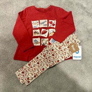 NWT {Mayoral} Red Graphic Long Sleeve Shirt and Patterned Pants Set